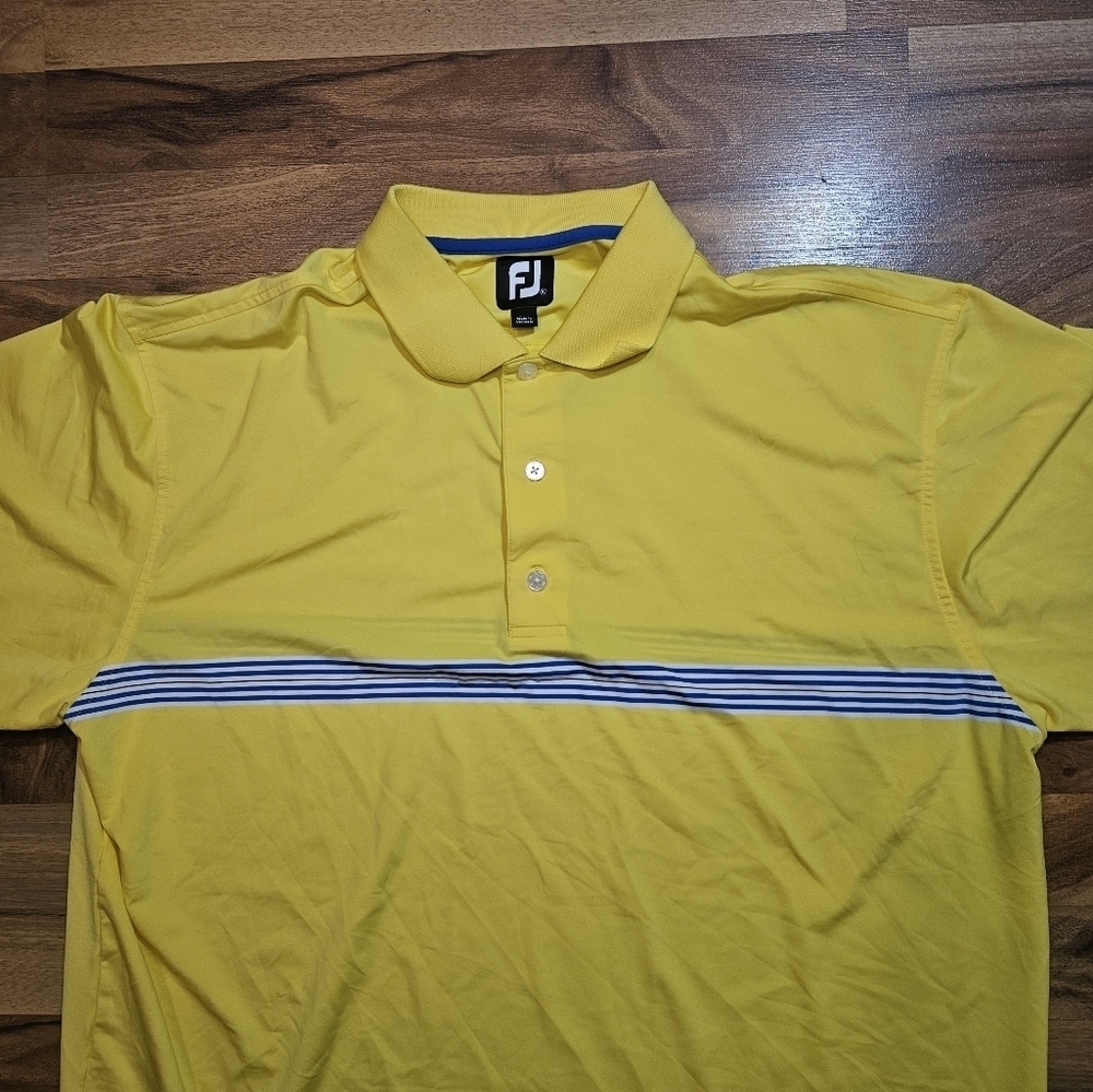 FootJoy Shirt Mens XL Bright Yellow Blue Stripe Golf Polo Performance Stretch - Picture 2 of 10
